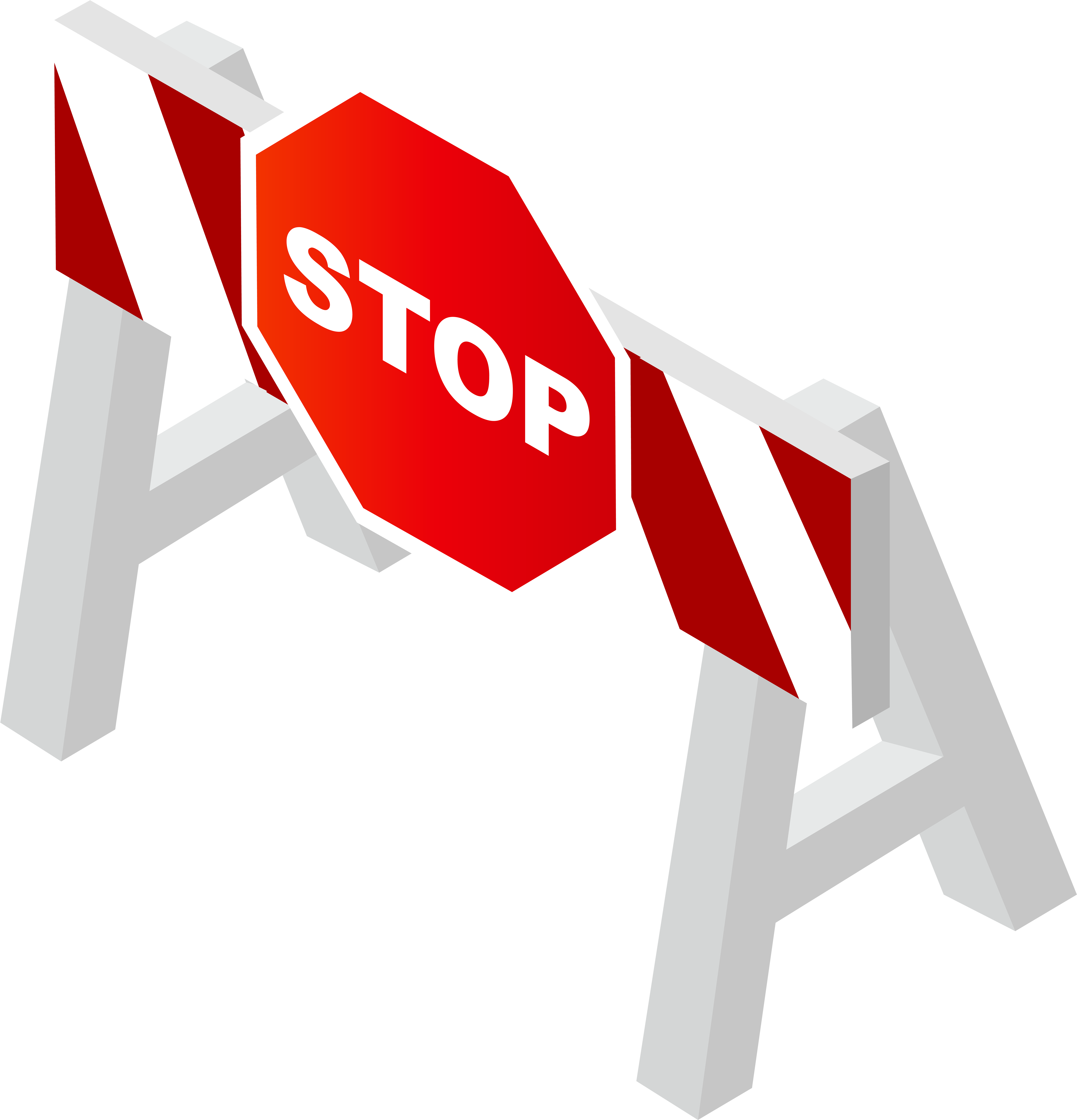 Red octagonal "STOP" sign mounted on a gray A-frame barricade with red-and-white striped arms.