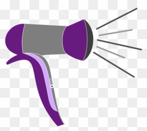 Purple and gray hair dryer illustration with airflow lines, on transparent background.