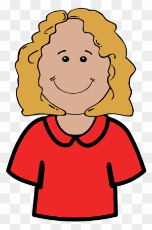 Smiling cartoon girl with curly blonde hair wearing a red collared shirt.