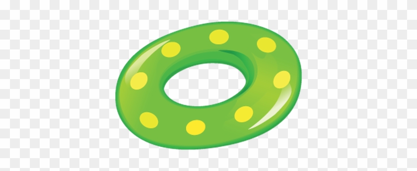 Green inflatable swim ring with yellow polka dots on transparent background.