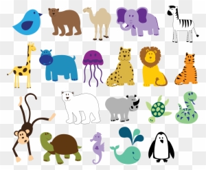 Colorful cartoon animal icons including birds, mammals, reptiles, amphibians, and sea creatures on transparent background.