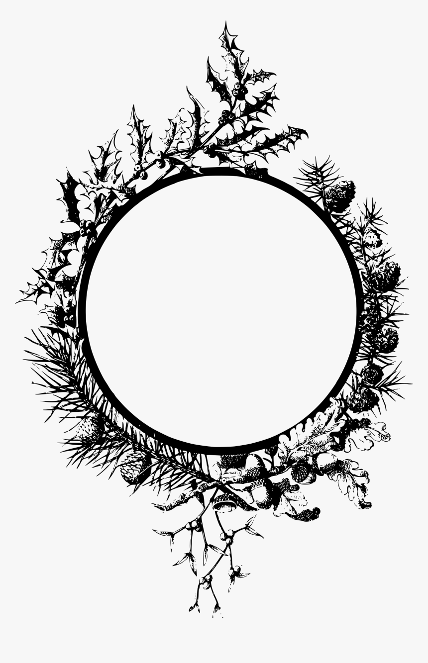 Black-and-white vintage botanical wreath with holly, pine, oak, and mistletoe framing a circular blank space.