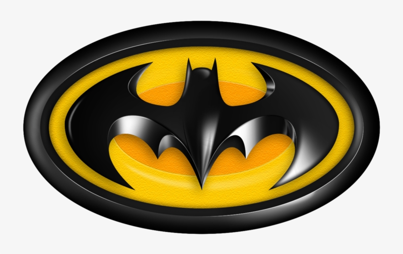 Batman logo in black and yellow oval with 3D glossy finish and metallic highlights.