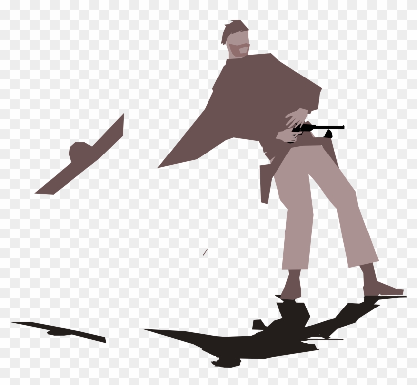 Stylized silhouette of a man in motion holding a pistol, with dynamic shadows and floating fragments on transparent background.