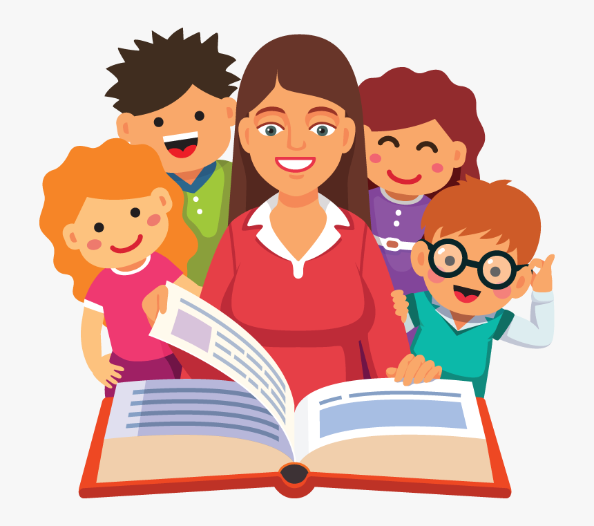 A smiling teacher reads a large open book with four diverse, happy children gathered closely around her.