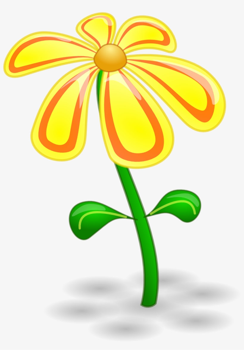Bright yellow cartoon flower with orange stripes, green stem and leaves, glossy 3D style on white background.