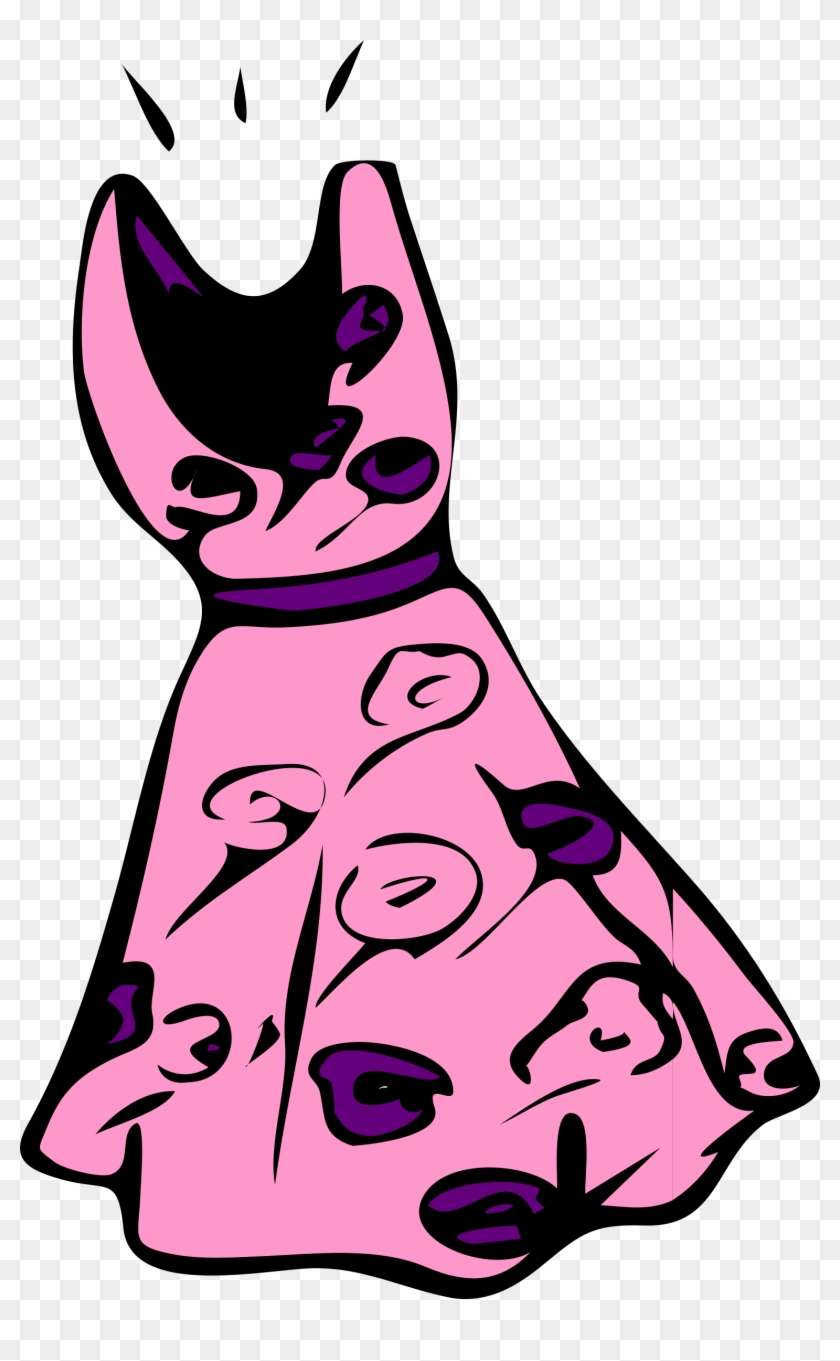 Pink floral-patterned dress with purple accents and stylized neckline, cartoon-style illustration.