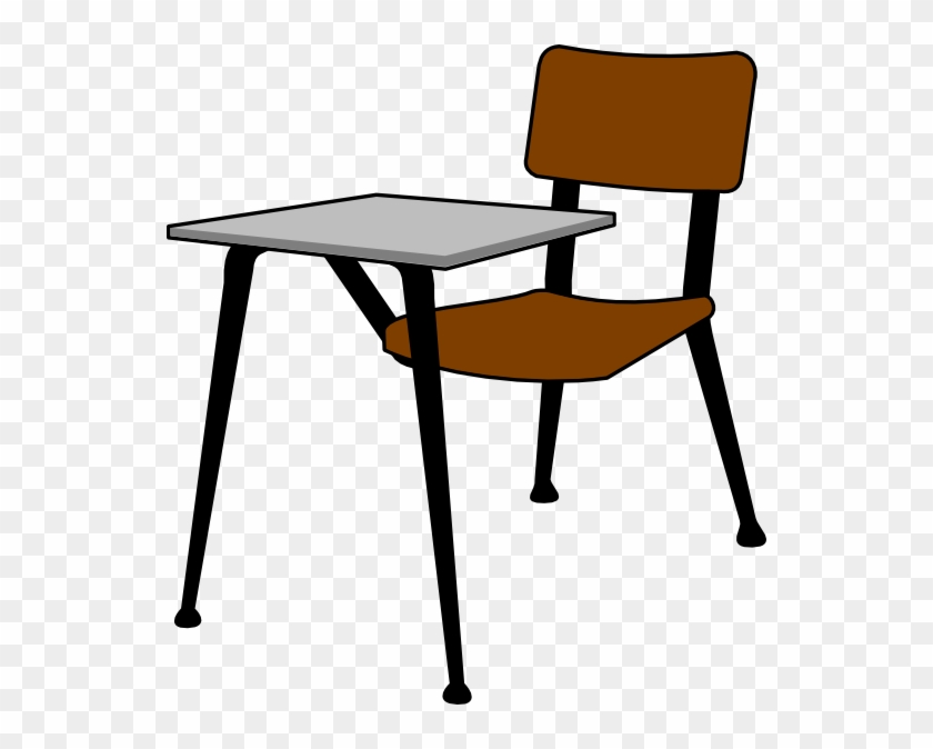 Brown school chair with attached gray desk, black metal legs, on transparent background.