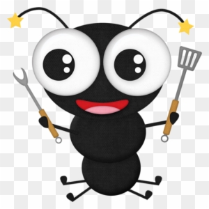 Cheerful black ant cartoon holding a fork and spatula, with star-tipped antennae and big eyes.