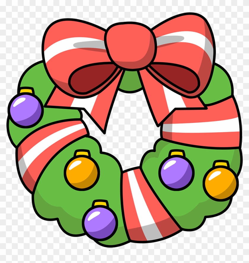 Festive green Christmas wreath with red-and-white striped ribbon bow and colorful ornaments.