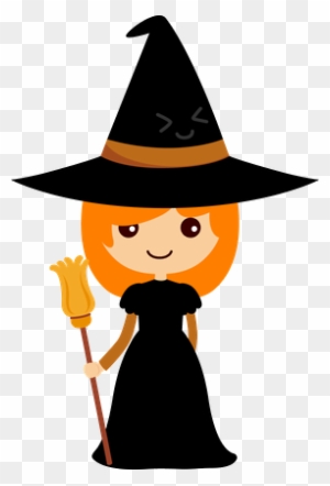 Cute cartoon witch with orange hair, black hat and dress, holding a broomstick.