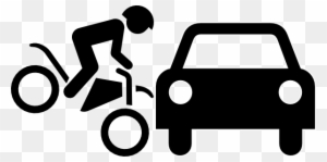 Silhouette icon showing a cyclist colliding with a car, illustrating road safety hazard.