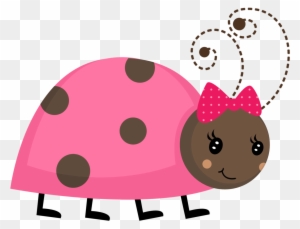 Cute cartoon ladybug with pink shell, brown spots, and a pink bow on its head, smiling with expressive eyes.