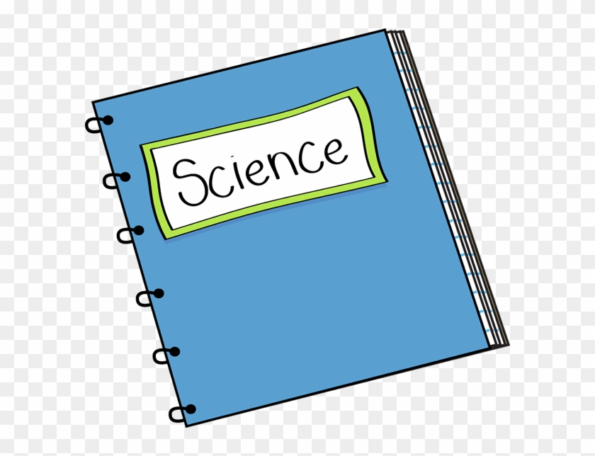 Blue spiral-bound notebook labeled "Science" with green-bordered white label on cover.