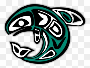 Stylized orca whale in Pacific Northwest Indigenous art style, featuring green, black, and white formline design.