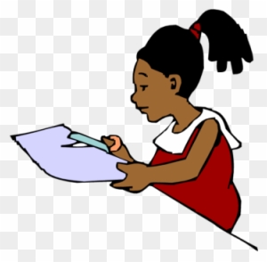 Young Black girl with ponytail writing on paper with a pencil, wearing red dress and white collar.