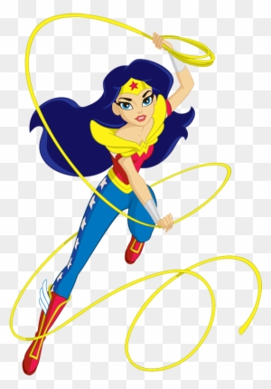 Wonder Woman in dynamic pose wielding golden lasso, blue hair flowing, classic red-and-blue costume with stars and tiara.