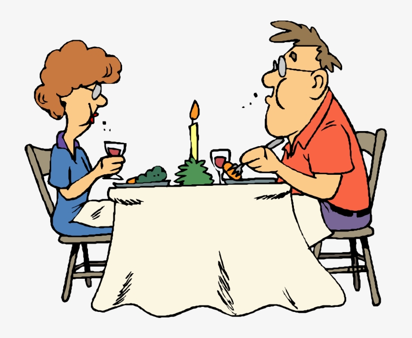 A cartoon couple enjoying a romantic dinner with wine, candlelight, and food at a table.