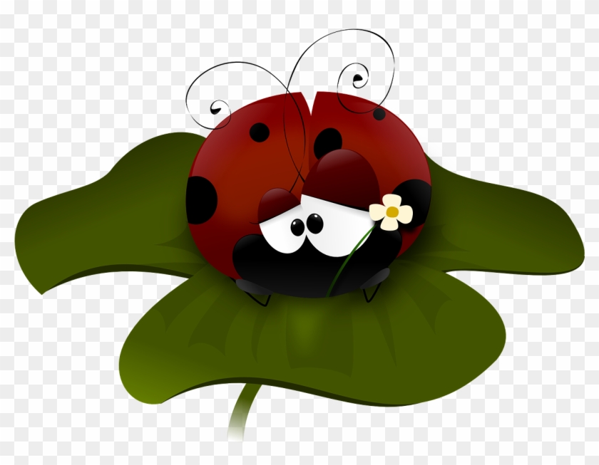 Cute cartoon ladybug with big eyes and a tiny white flower, resting on a green leaf.