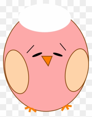 Pink cartoon chick with closed eyes, orange beak, and white tuft on head, smiling peacefully.