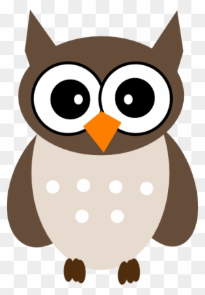 Cartoon brown owl with large white eyes, orange beak, and spotted chest on transparent background.