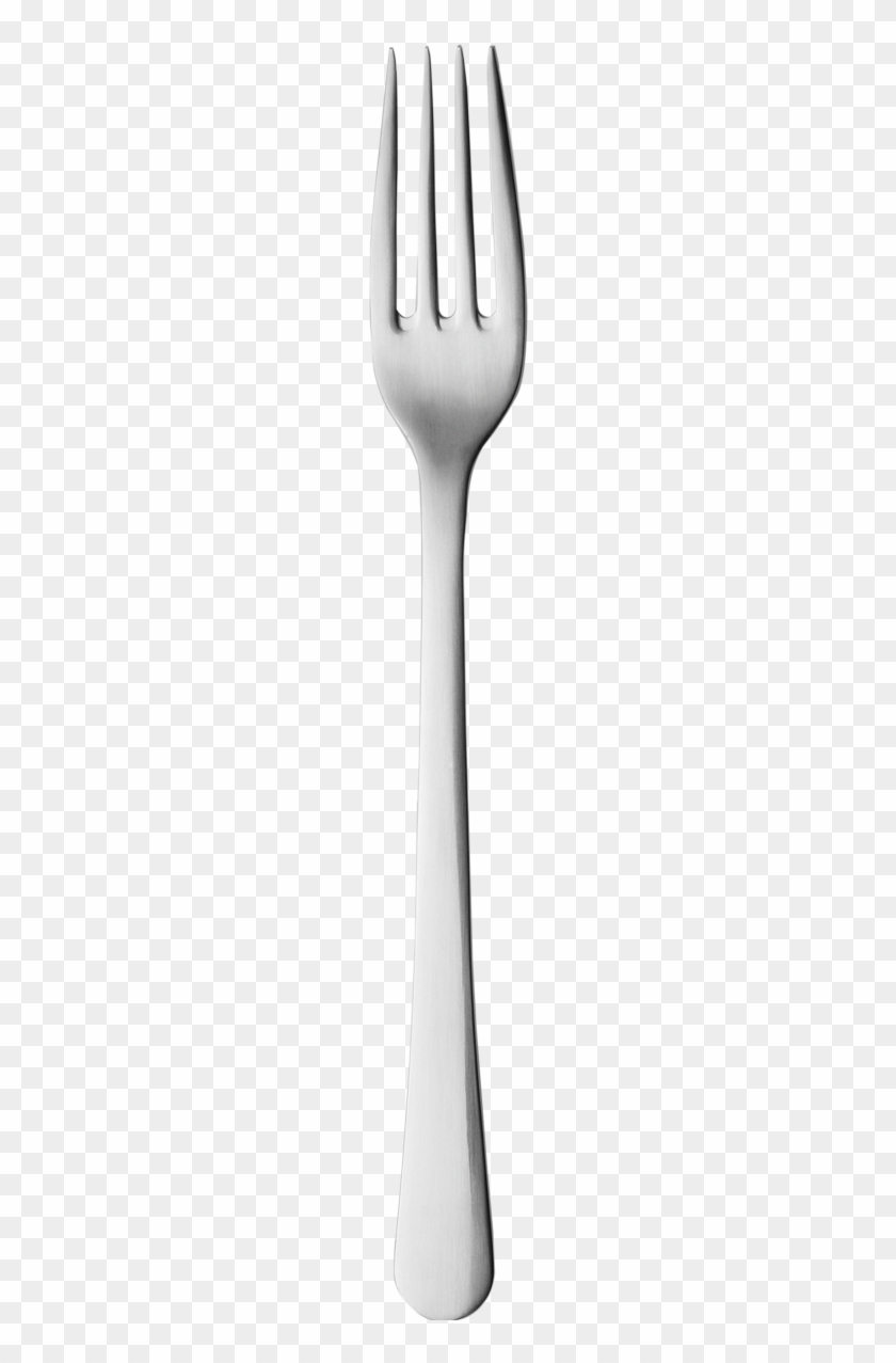 Stainless steel dinner fork with four tines, polished finish, isolated on transparent background.