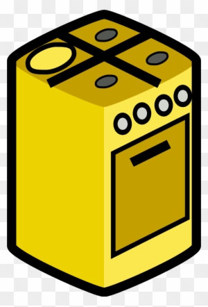 Yellow cartoon-style kitchen stove with four burners and oven door.