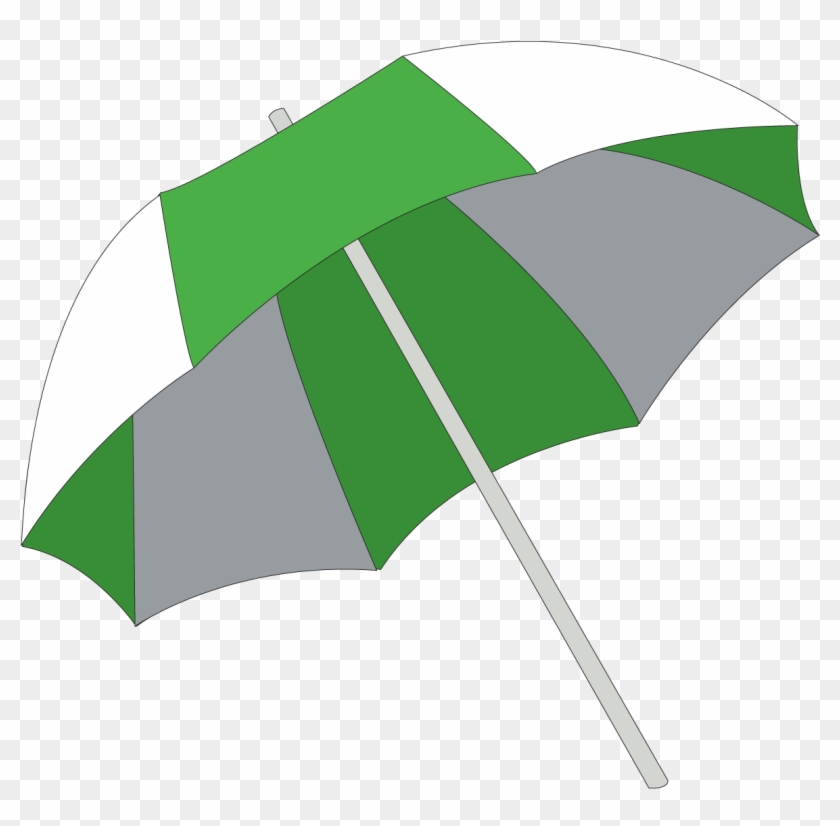 Green, white, and gray striped patio umbrella with a light gray handle, open against transparent background.