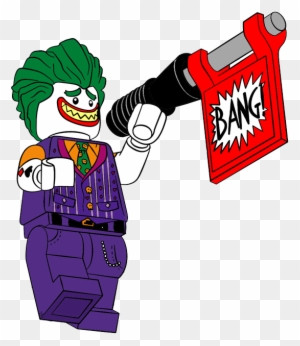 LEGO Joker minifigure holding a red "BANG!" flag gun with green hair and purple suit.