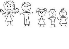 Simple black-and-white stick figure drawing of a five-member family: mother, father, two daughters, and a baby.