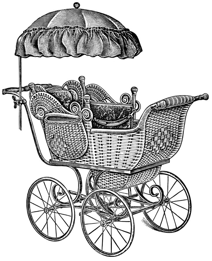 Vintage wicker baby carriage with canopy, four spoked wheels, and ornate detailing, circa late 19th century.