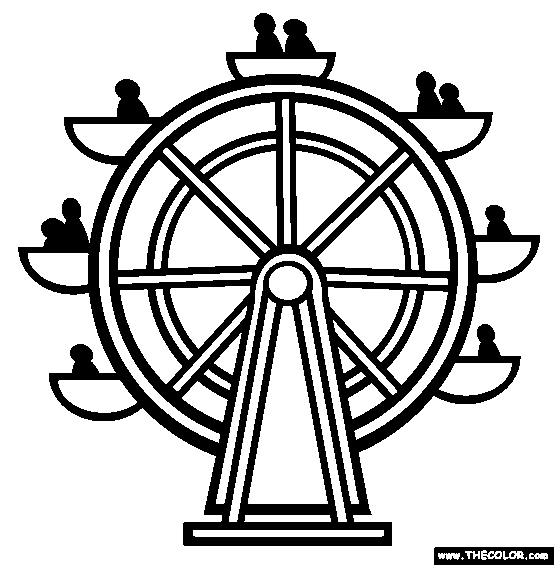 Black-and-white line drawing of a Ferris wheel with passengers in gondolas, viewed front-on.