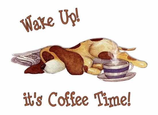 A sleeping beagle dog next to a steaming cup of coffee and a folded newspaper, with text "Wake Up! it's Coffee Time!"