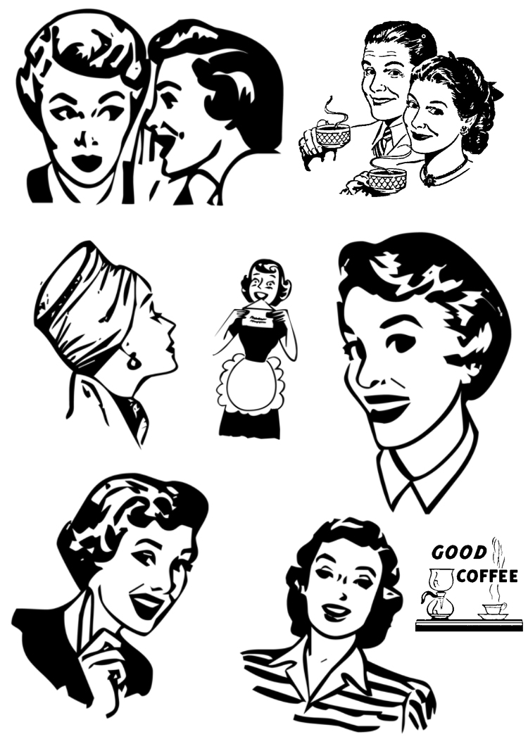 Vintage black-and-white illustrations of 1950s women in various roles: gossiping, serving coffee, smiling, and posing elegantly.