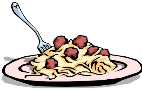 Plate of spaghetti with meatballs and a fork, cartoon-style illustration.