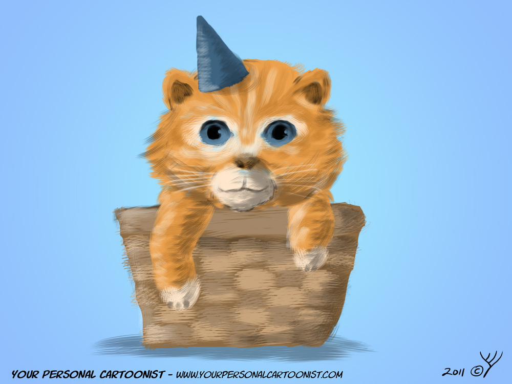 Adorable orange kitten with blue party hat peeking from wooden crate against light blue background.