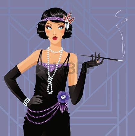 Flapper woman in 1920s black dress with pearls, purple accents, headband, and cigarette holder against art deco background.