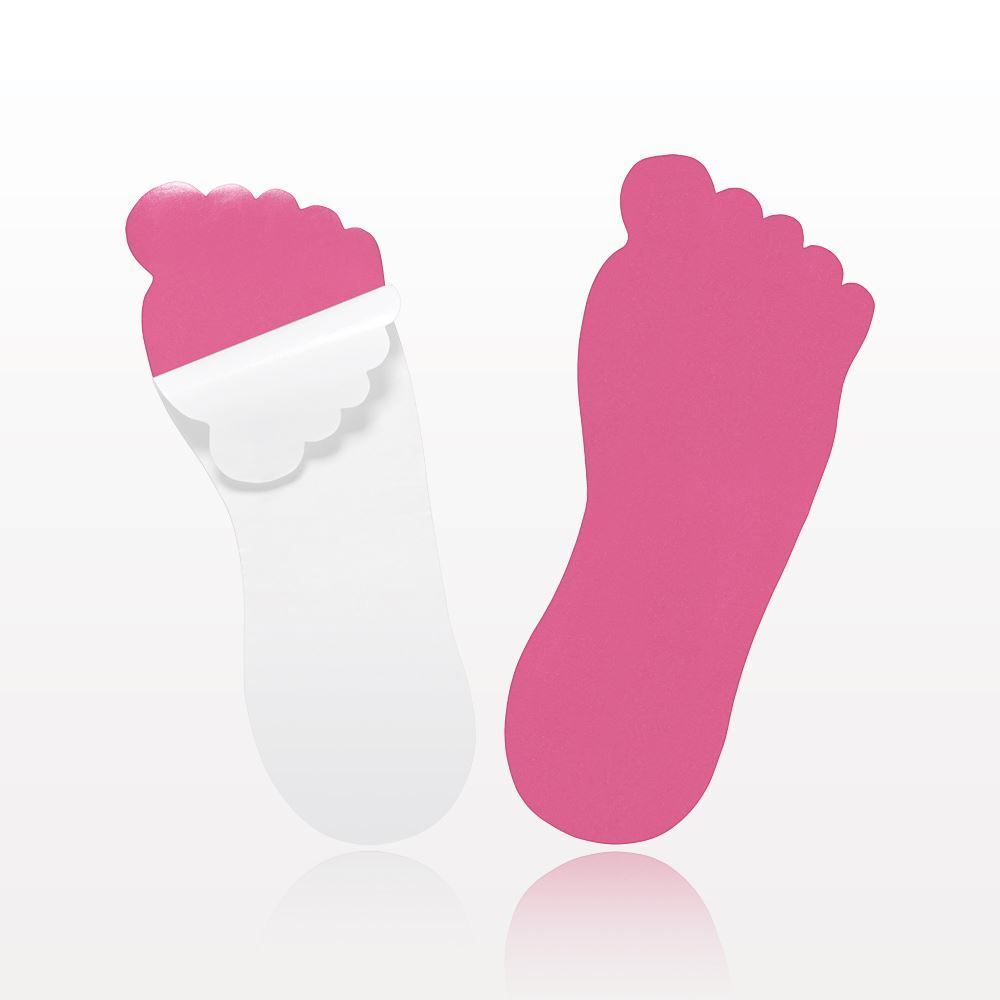 Pink foot-shaped adhesive pad with peel-off backing, shown applied and detached.