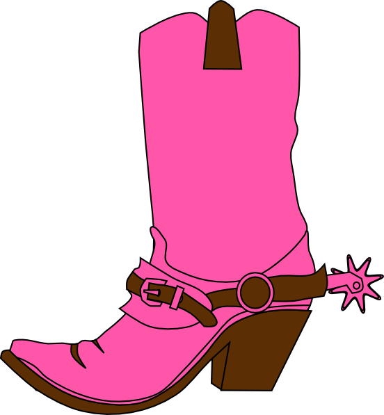 Bright pink cowboy boot with brown heel, strap, spur, and top detail.