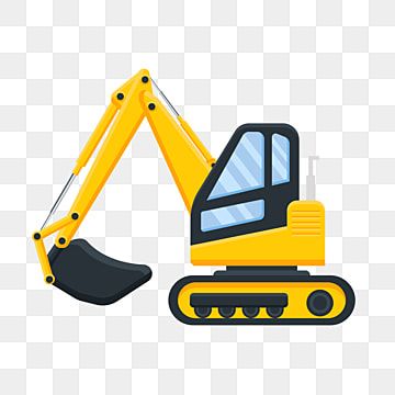 Yellow excavator with black bucket and tracks, flat-style illustration on transparent background.