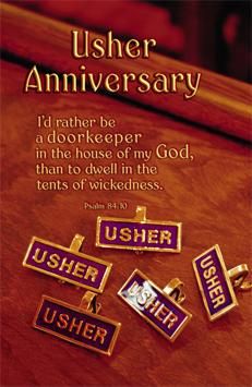 Usher Anniversary plaque set with Psalm 84:10 quote on wooden background, featuring gold-trimmed "USHER" name tags.