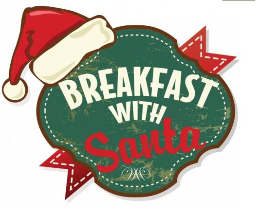 Vintage-style "Breakfast with Santa" logo featuring a red Santa hat and green distressed badge with red ribbon accents.