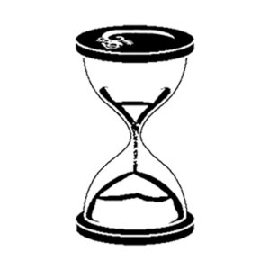 Black-and-white line drawing of a classic hourglass with sand flowing through its narrow neck.