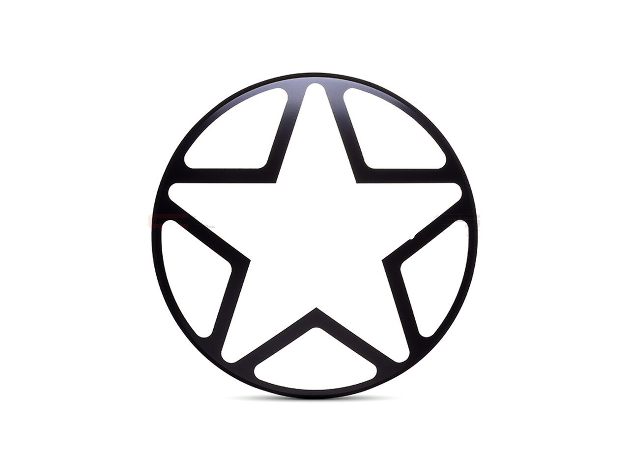 Black circular emblem with a white five-pointed star at center, stylized cutout design on white background.