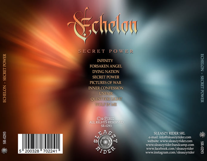 Album cover for "Echelon - Secret Power" featuring stylized gothic typography and radiant color gradient background.