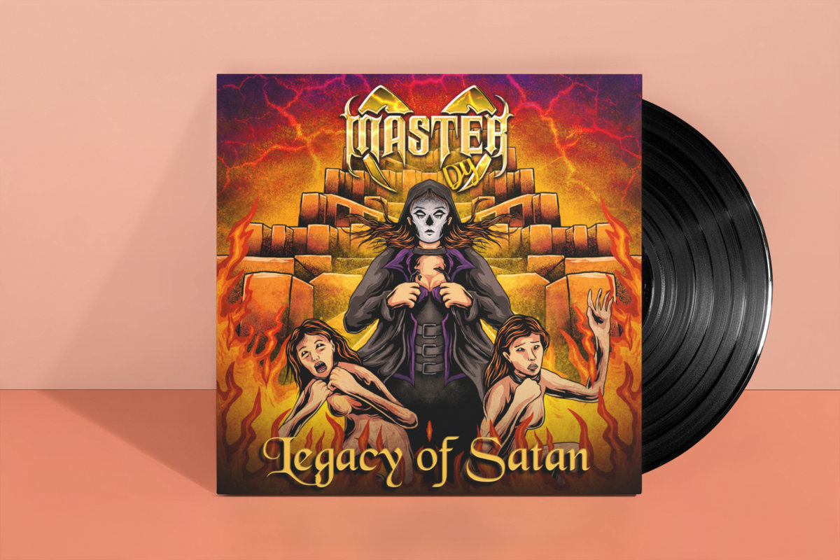 Vinyl record and album cover for "Legacy of Satan" by Master DII, featuring a hooded figure with skeletal face and two distressed women amid flames.