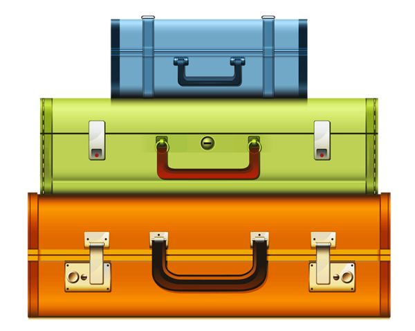 Three vintage-style suitcases stacked vertically in blue, green, and orange with metal latches and handles.