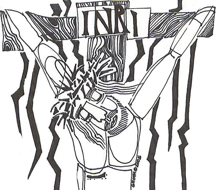Abstract black-and-white line drawing of a crucified figure with "INRI" sign, stylized wood grain textures and expressive linework.