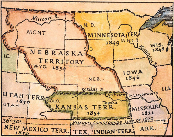 Historical map showing U.S. territorial boundaries in the mid-1800s, including Kansas, Nebraska, and Minnesota Territories.