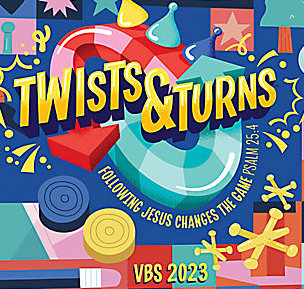 Vibrant VBS 2023 promotional graphic titled "Twists & Turns" with colorful geometric shapes and biblical theme.